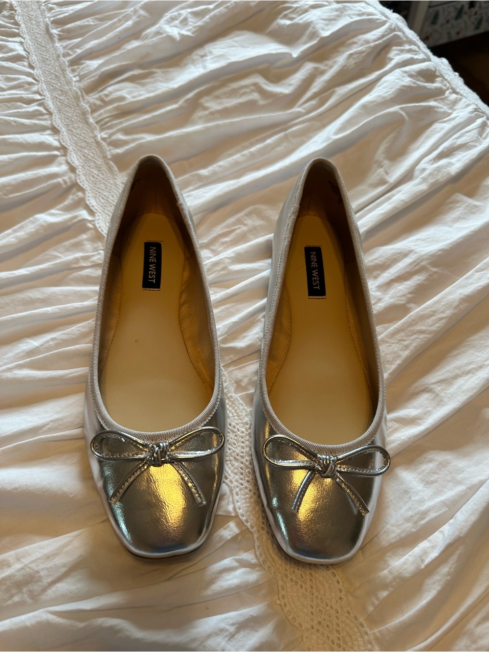 Nine West Metallic Silver Ballet Flats with Bow Accent